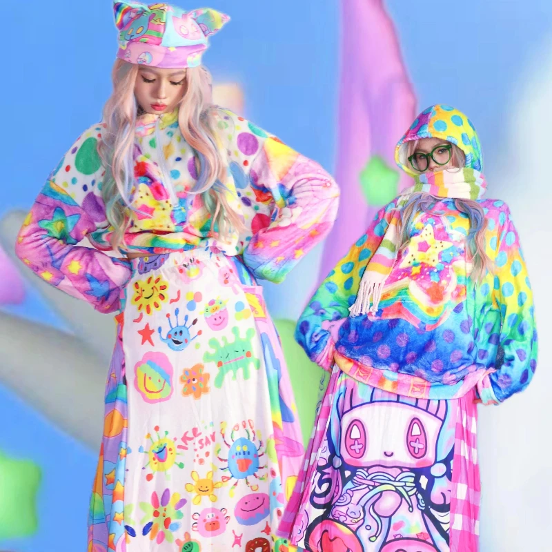 Pakaian Wanita Musim Gugur Musim Dingin 2025 Motif Bintang Warna-warni Desain Asli Polka Dot Y2k Sweatshirt Fleece Longgar Berkerudung untuk Wanita