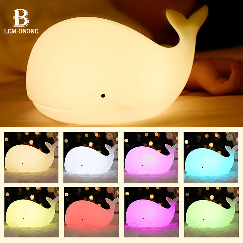 Luces nocturnas LED de dibujos animados de ballena, luz de silicona, lámpara de ambiente RGB recargable, decoración de cabecera de dormitorio para