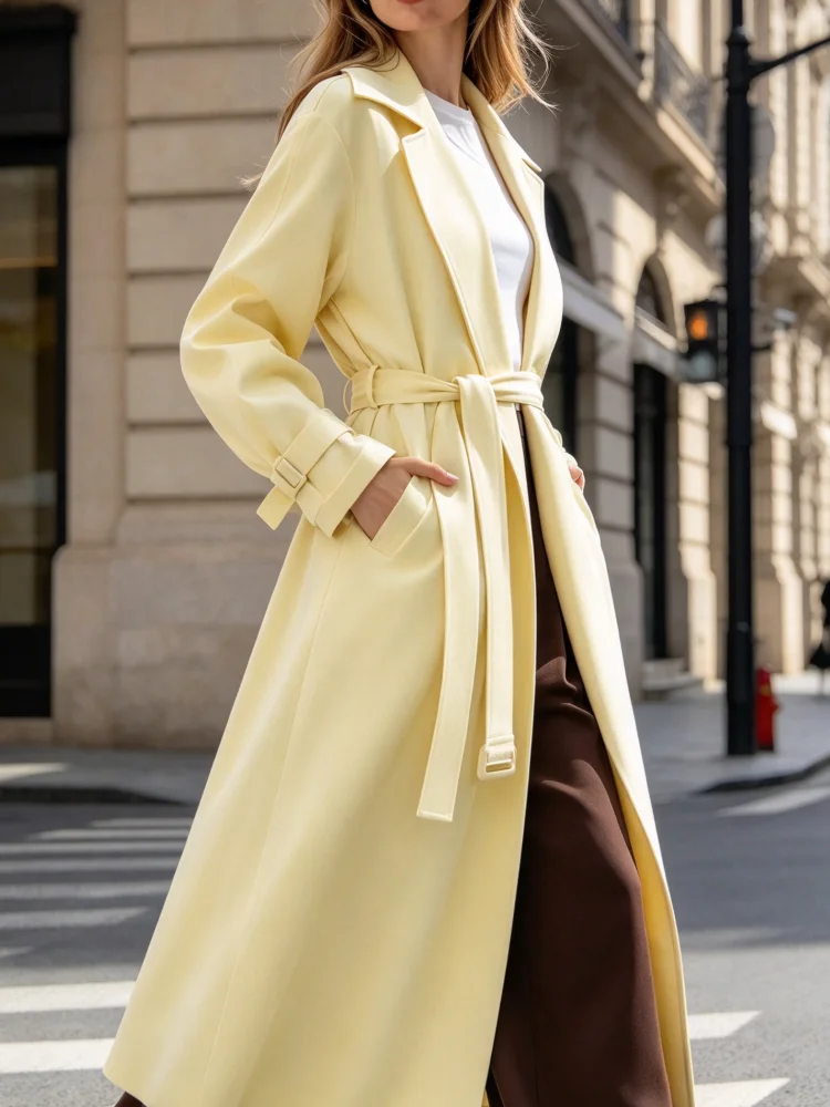 Women Long Trench Coat Lapel Collar Self Tie Waist Belt Cuff Tab Loose Fit Solid Color Business Casual Outer Coat