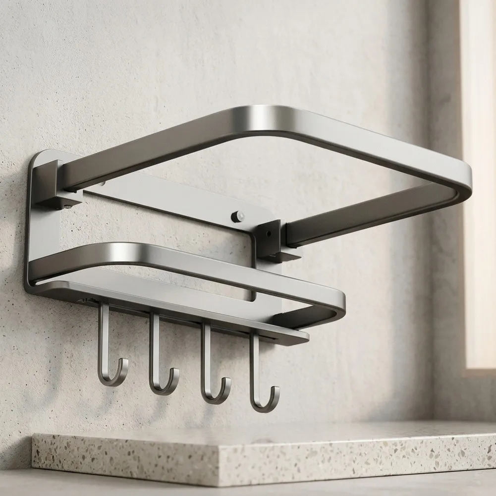 Space Aluminum Wall Mounted Towel Rack Featuring Top Shelf for and Bottom Bar for Towels in Modern Bathroom Setup