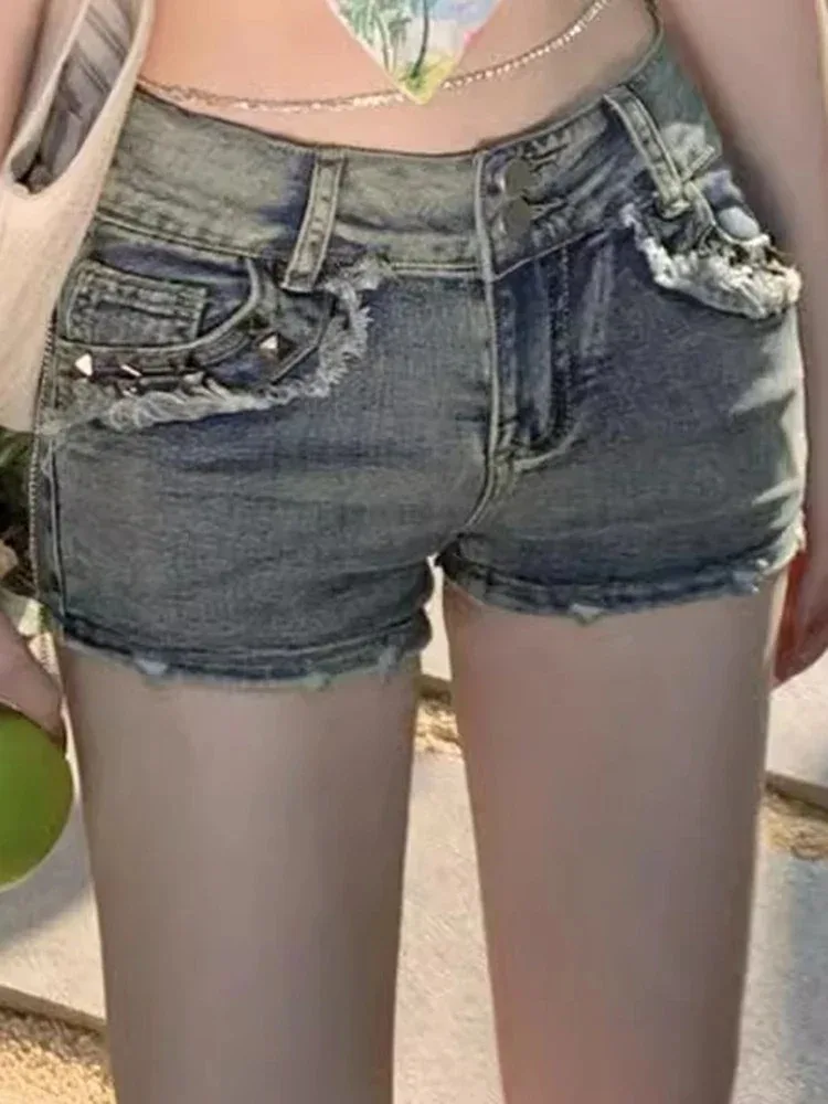 Women Korean Retro Y2k Shorts Pants Lady Vintage High Street Hot Pants Female Blue Low Waist Elastic Wrapped Hip Short Jeans