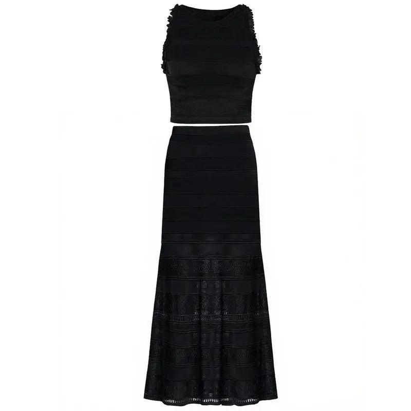 

High Quality Summer 2025 Sleeveless Knitted Short Top And Midi Skirt Set Elegant Lady Style Half Body Fashion Ensemble