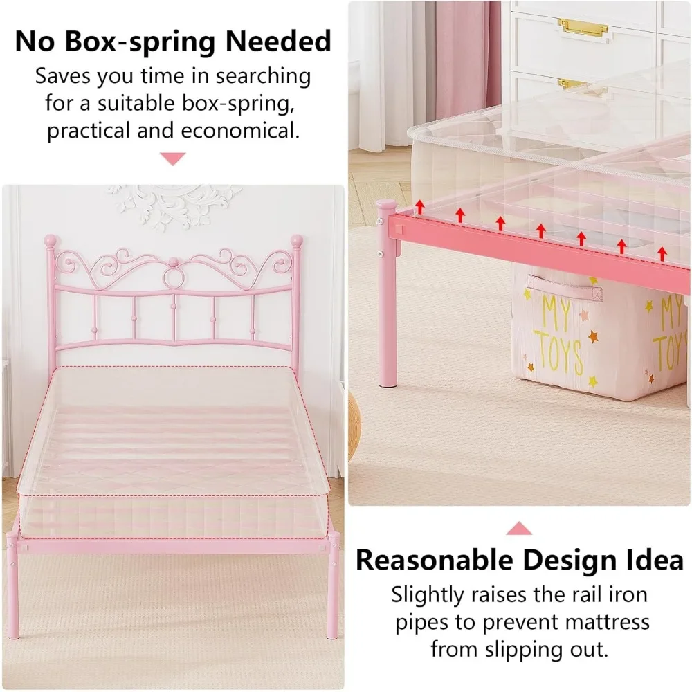 Twin Bed Frames with Headboard, Elegant Metal Pink Bed Frame for Kids Girls, Modern Heavy Duty Twin Size Platform Bed