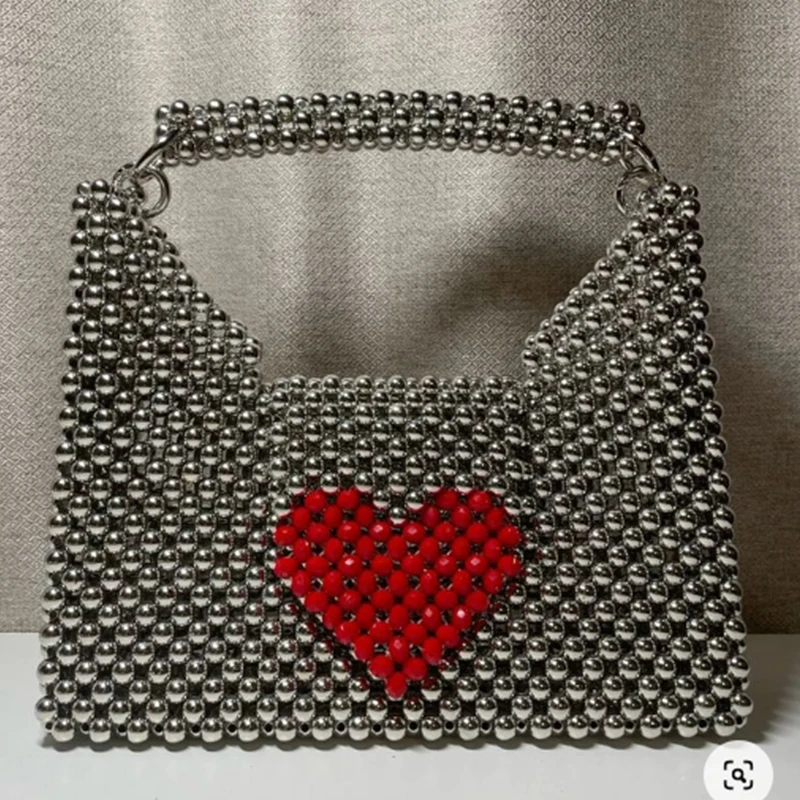 New Fashionable High End Silver Flip Handbags for Womne Summer Ins Handwoven Beaded Women's Bag 2024 Customized Niche Design