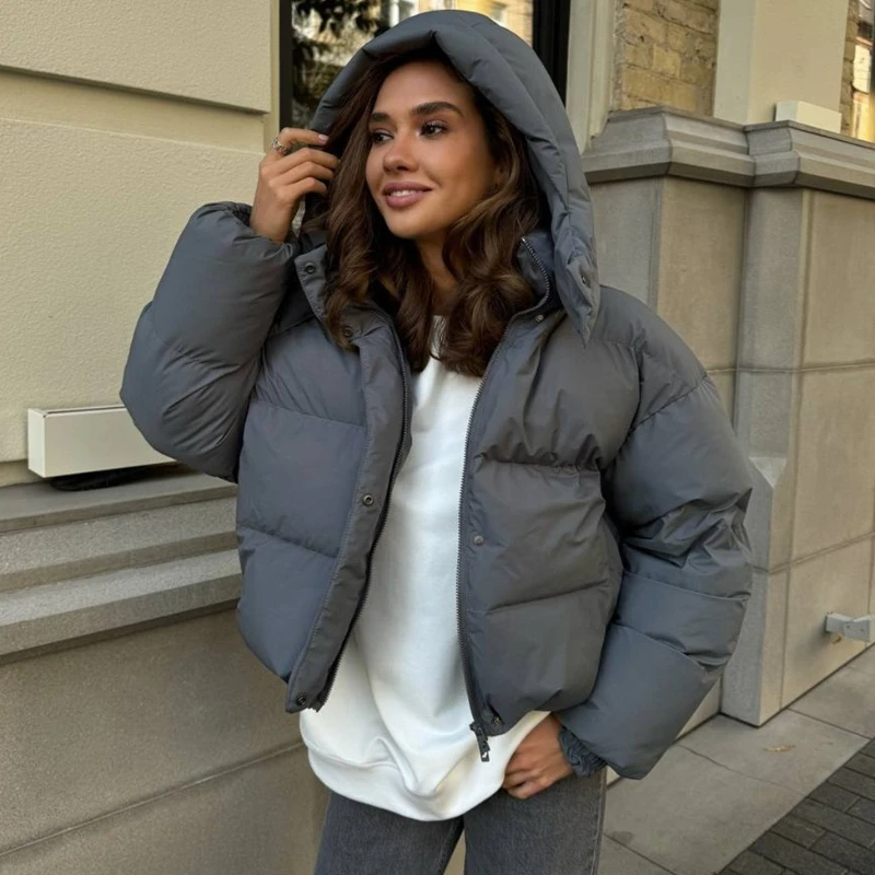 

TARUXY Zipper Hooded Cotton Clothes Coat Women's Fashion Stand Collar Pocket Loose Long Sleeves Leisure Jacket Winter Cotton New