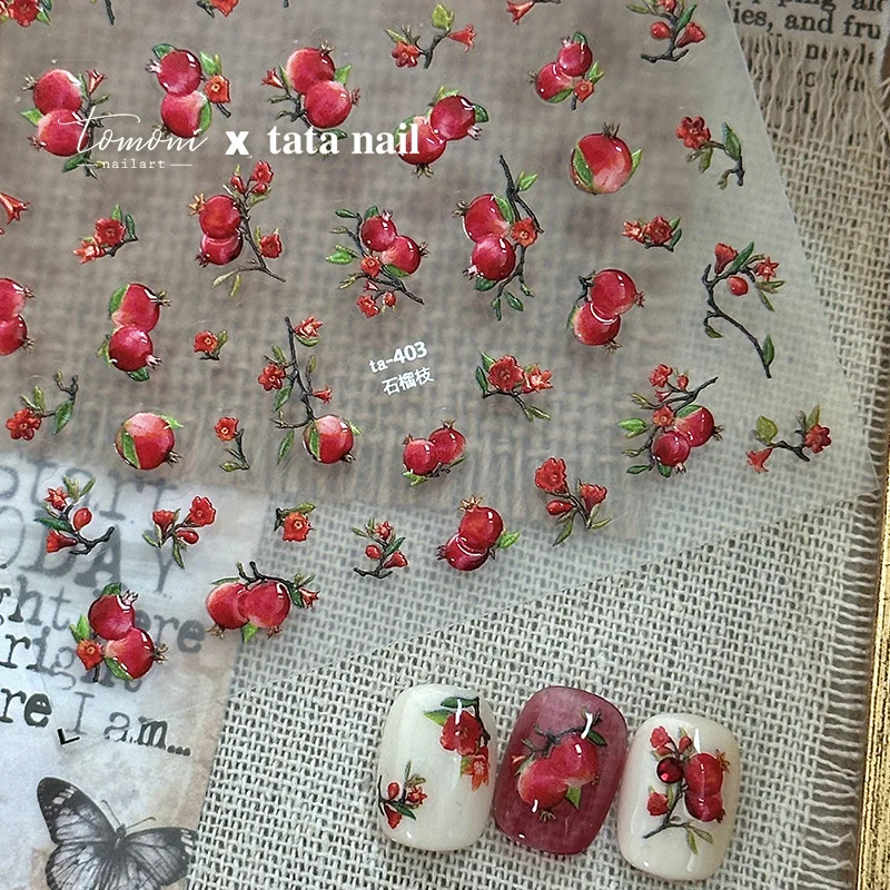 Branches de fleurs de grenade rouge, pomme verte, fraise, pastèque, cerise, fruits, autocollant de manucure auto-adhésif pour Nail Art, DIY bricolage