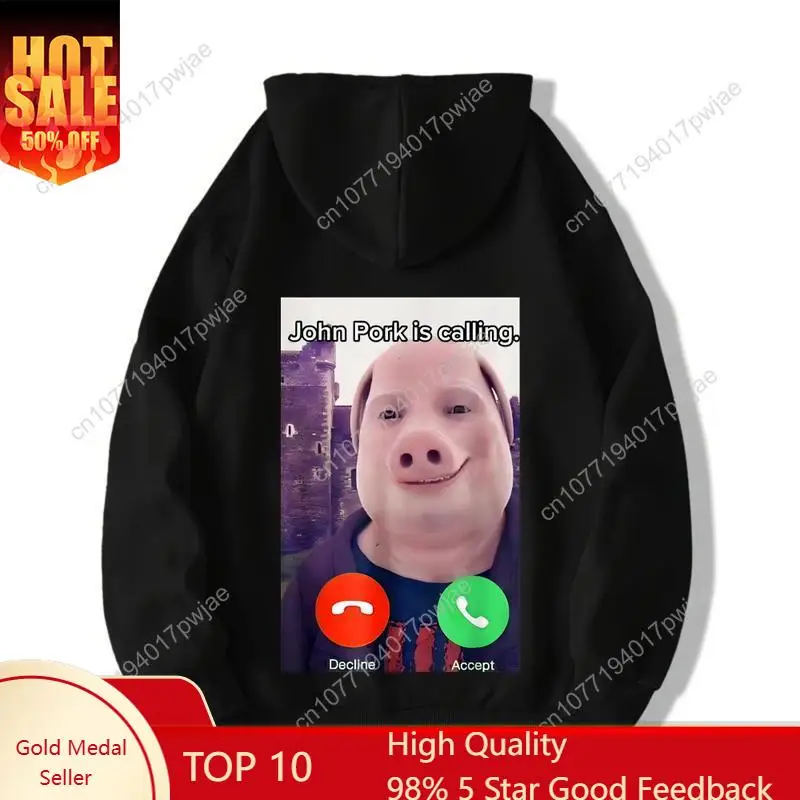 

Hoodie Black John Pork Is Calling Meme Print Phone Interface Design Casual Streetwear Fashion For Men Women Unisex Outfit graphi