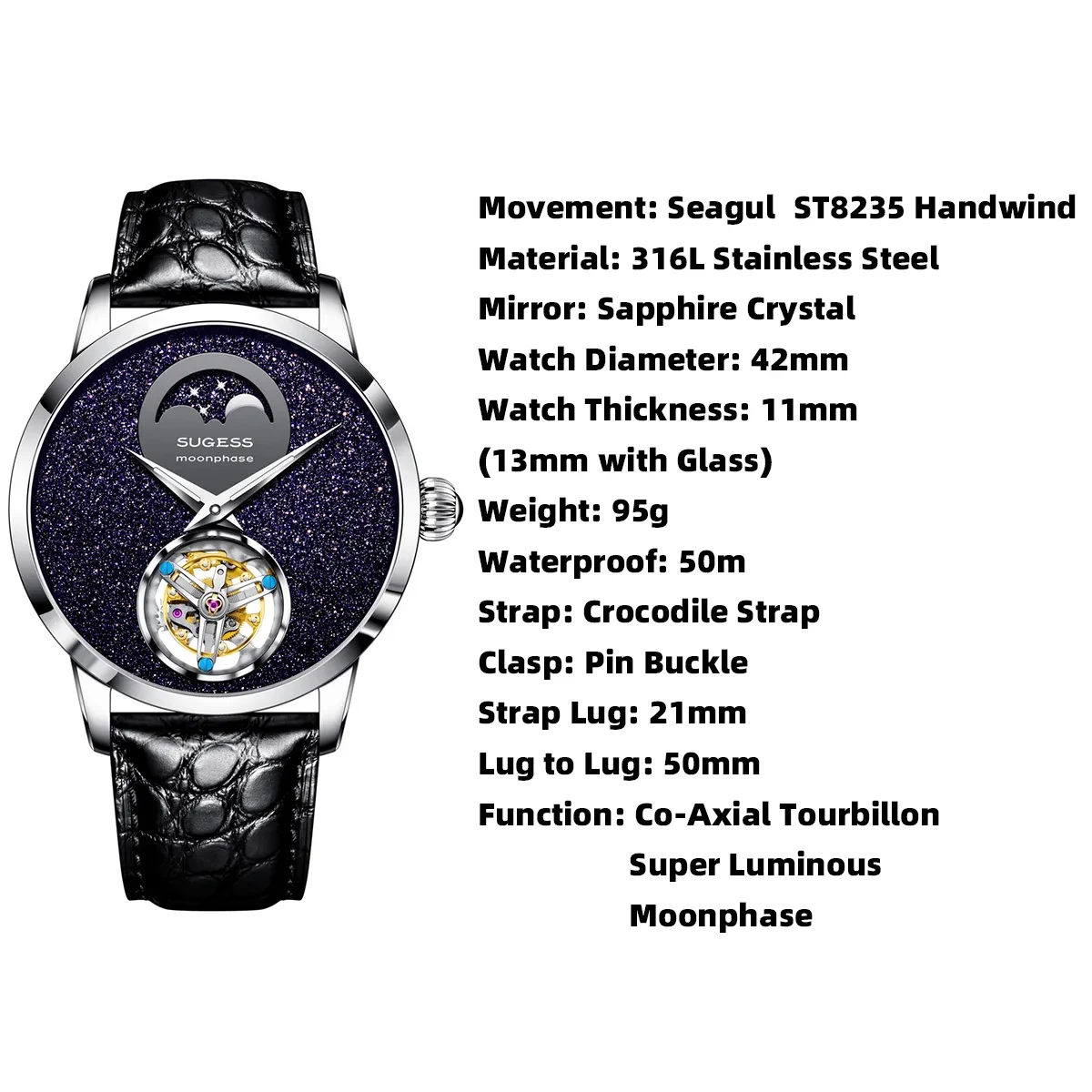 Sugess Top Tourbillon Mens Watch Tianjin ST8235 Movement Wristwatches Mechanical Moonphase Luxury Watches Crocodile Leather New