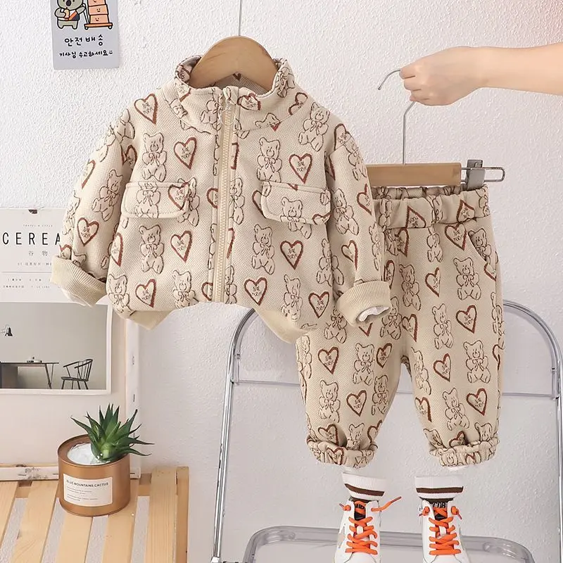 Toddler Kids 2Pcs Bear Heart Print Tracksuit Stand Collar Zip Up Jacket Elastic Cuffed Jogger Pants Spring Casual Outfit Set