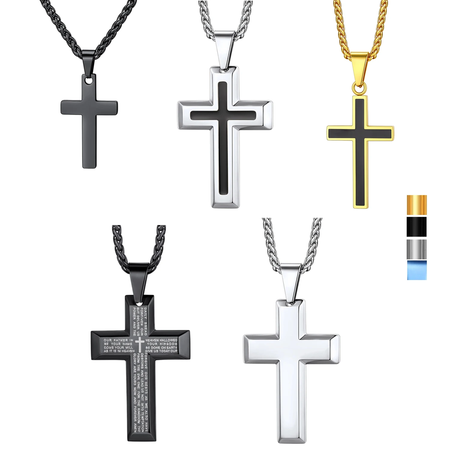 U7 Stainless Steel Cross Necklaces for Men Woman Black Enamel Cross Pendant & 22 Inches Wheat Link Chain Religious Jewelry Gift