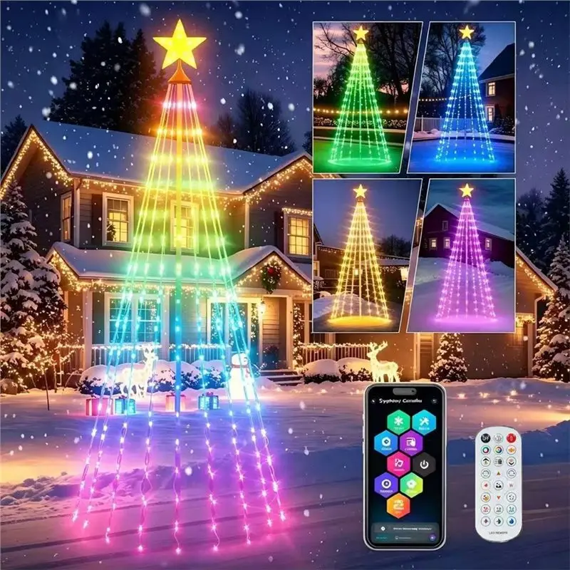 NEW|A47U DIY Smart Christmas Tree Lights 256 LED Color Changing Waterfall Xmas Effect With Top-Star Remote& APP Control 2.4M