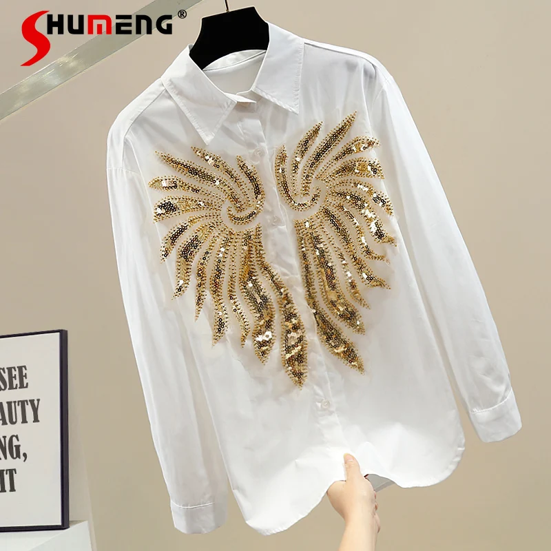 Fashion 2024 Spring Color Contrast shirt Beaded Sequins Lapel Single-Breasted Mid-Length Shirts Women Loose All-Matching Tops