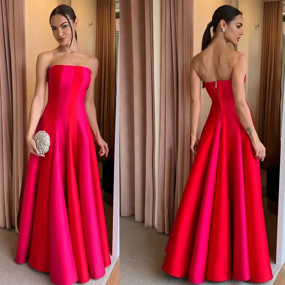 

Simple A-Line es Strapless Satin Backless Pleated Zippert Solid Color Floor Length Gowns فساتين السهرة es