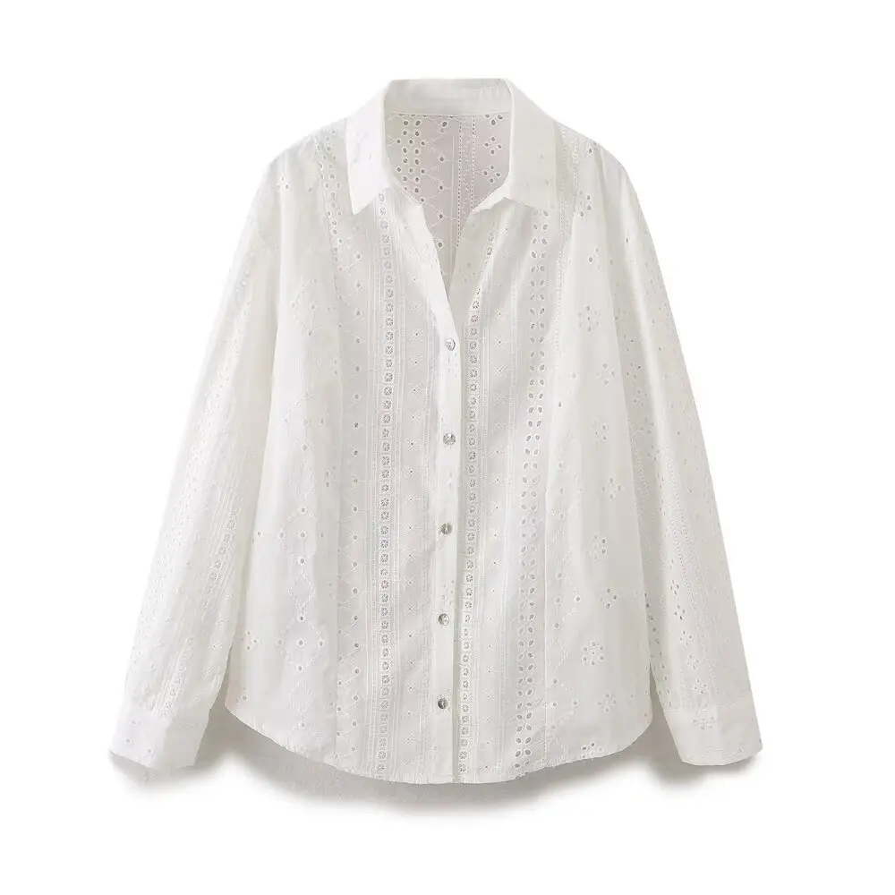 

French European and American style hollow embroidered lapel long-sleeved casual white shirt for women spring and summer new fash