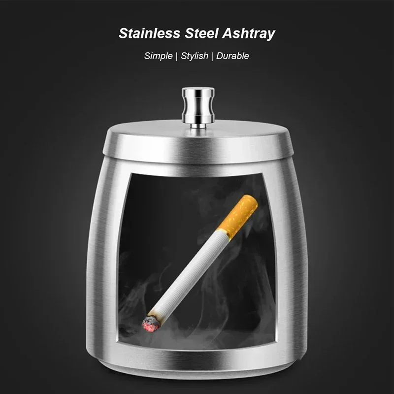 Stainless Steel Auto Ashtray Windproof with Lid Cigarette Ashtray Large Capacity for Home/Office/Tabletop/Outside Patio/Balcony