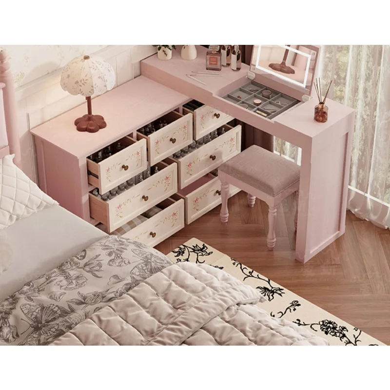 Pink chest dresser bedroom hand-painted storage solid wood two-in-one dresser makeup table