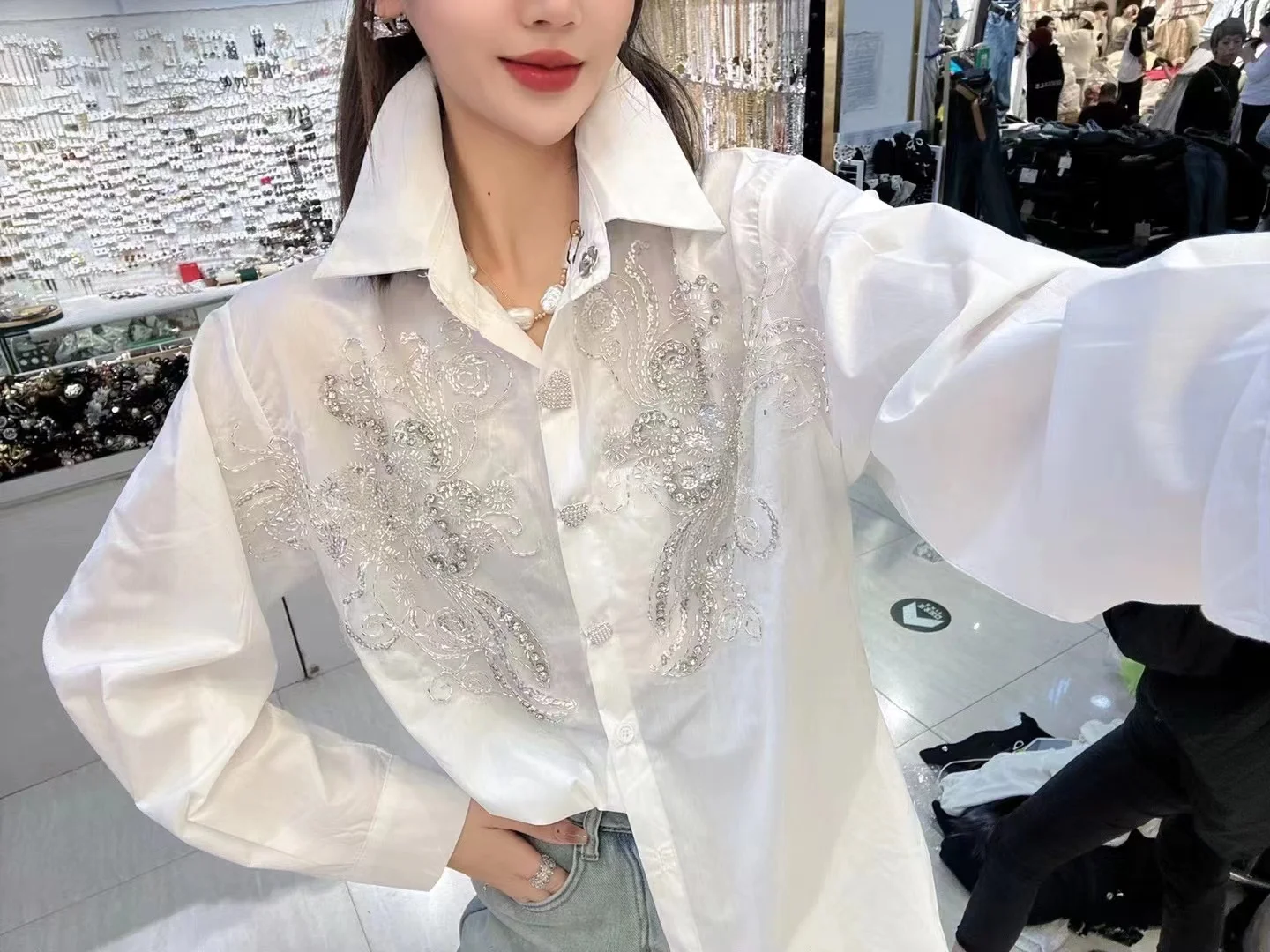 Luxury Sequined White Cotton Shirts and Blouses For Youthful Women\'s Clothing Sales Loose Casual Elegant Top Woman 2024