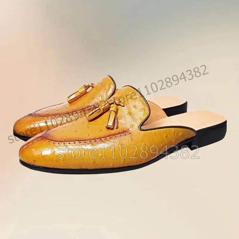 

Yellow Ostrich Print Tassels Decor Men Slippers Fashion Slip On Men Shoes Luxury Handmade Party Feast Banquet Men Casual Shoes