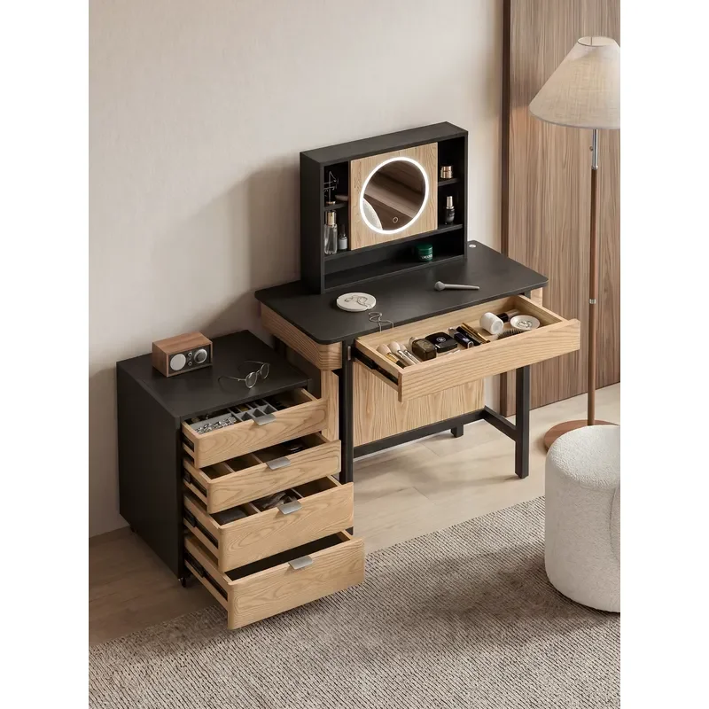 Solid Wood Makeup Table with Mirror and Storage Cabinet Integrated Dresser for Bedroom Small Apartment Space Saving Chest