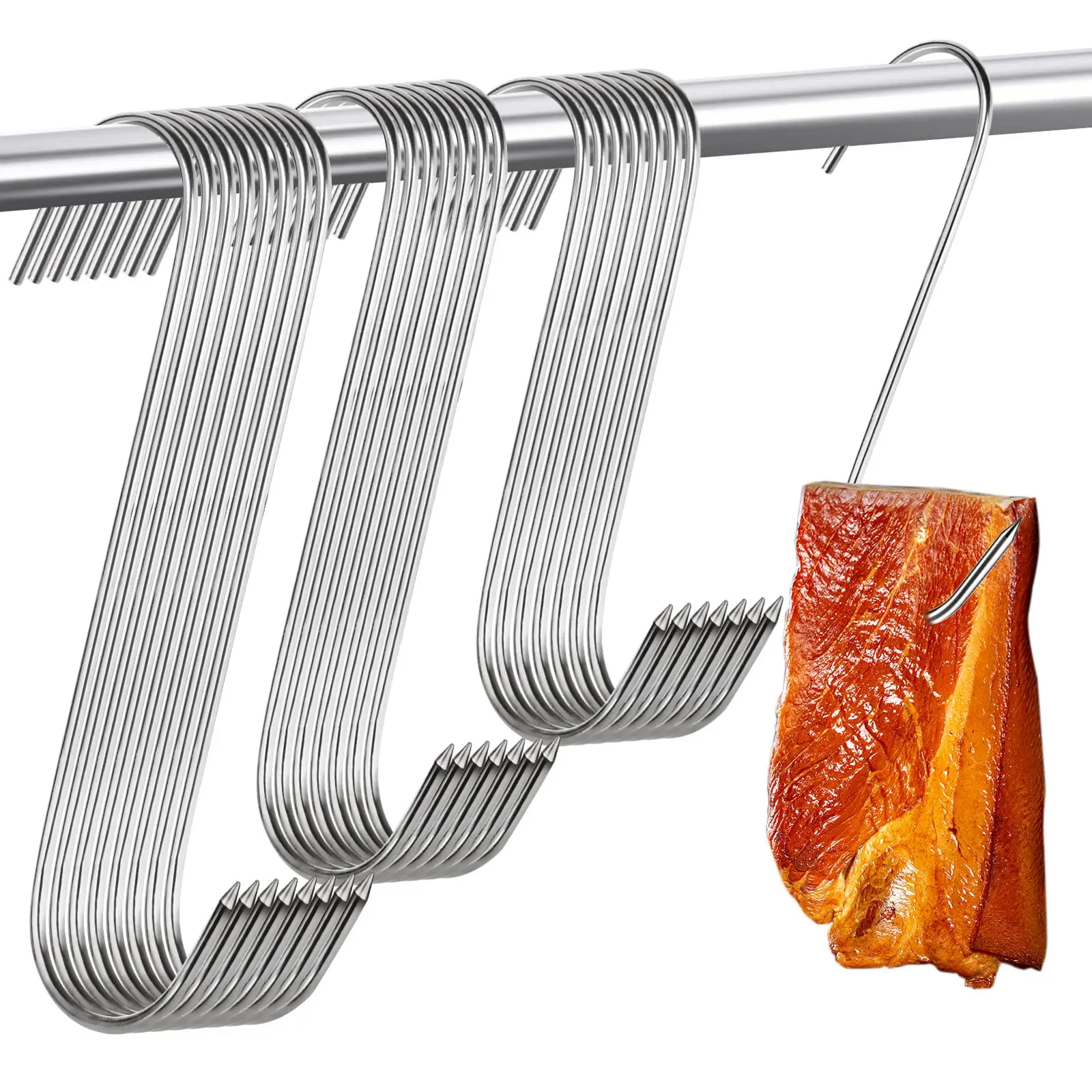 20pcs Stainless Steel S‑Shaped Meat Hooks, Pointed Hooks for Cured Meat & Roast Poultry