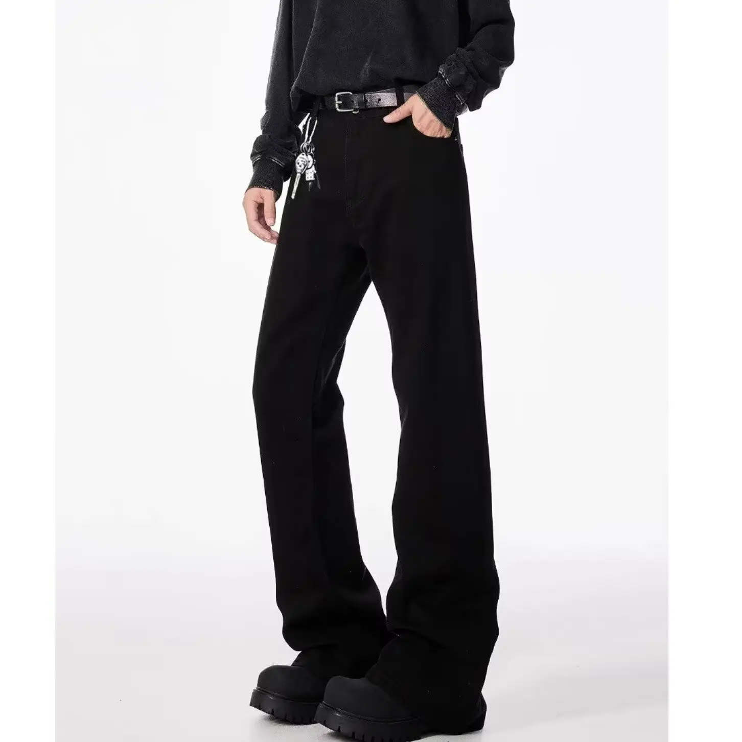 American basic washed black micro flared jeans men's stretch straight leg solid color slim fit straight leg versatile pants