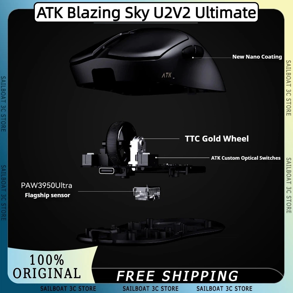 ATK Blazing Sky U2V2 Ultimate Wireless Mouse PAW3950Ultra Dual 8KHz Polling Rate 500mAh Battery 42000DPI Ergonomic Gaming Mouse