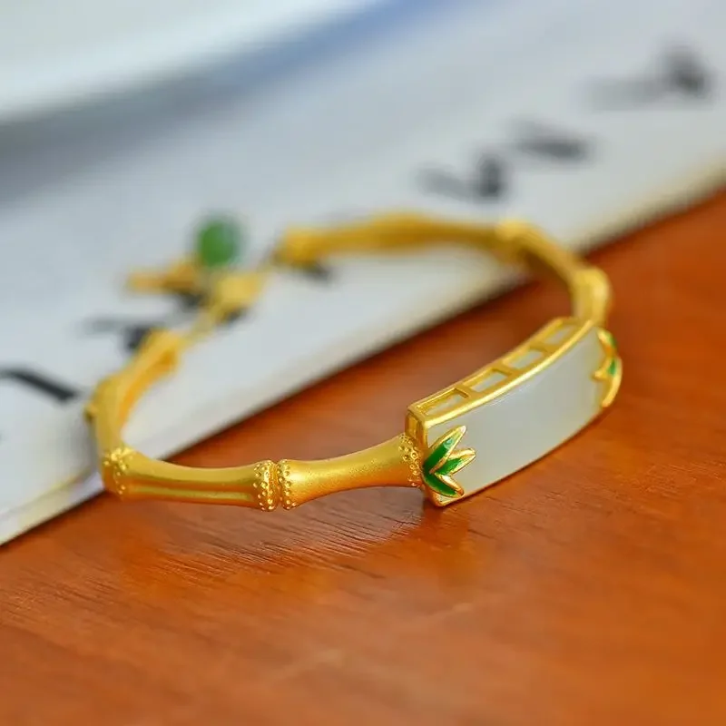 

Classic Natural Hotan Jade Leaf Bamboo bracelet for women Square Enamel quietly elegant Style bangles Banquet Jewelry