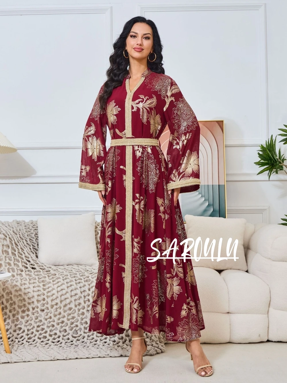 Muslim Women Comfortable Chiffon Abaya Maxi Evening Dress Burgundy With Gold Floral Embroidery Long Sleeved Plus Size Party Wear