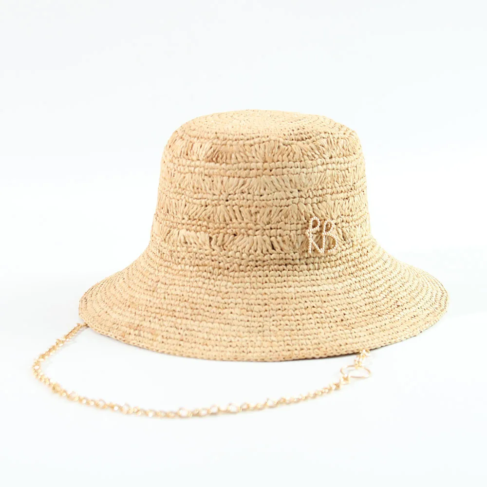 Hand Crochet 100% Natural Raffia Sun Hat Chain Design Straw Bucket Hat Women Summer Beach Fisherman Headwear