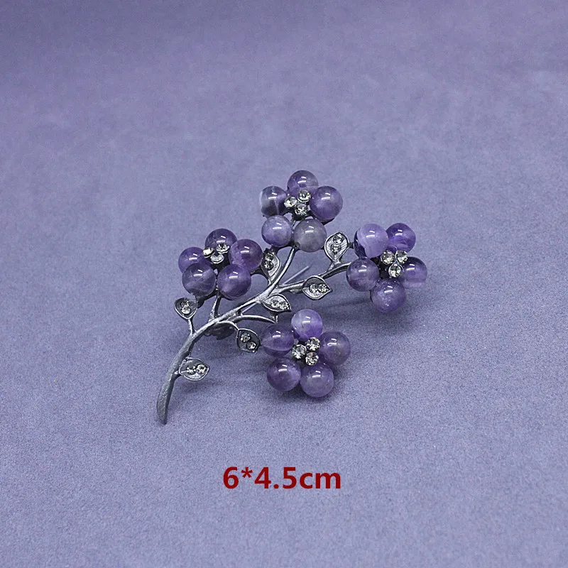 Ajojewel Vintage Brooch Purple Natural Stone Flower Branch Brooches Pins For Women Elegant Gift Items