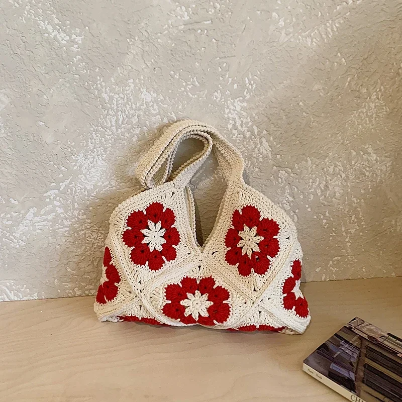 2026 New Red White Color Block Granny Square Crochet Shoulder Bag For Women Niche Design Sense Hand Woven Exquisite Underarm Bag
