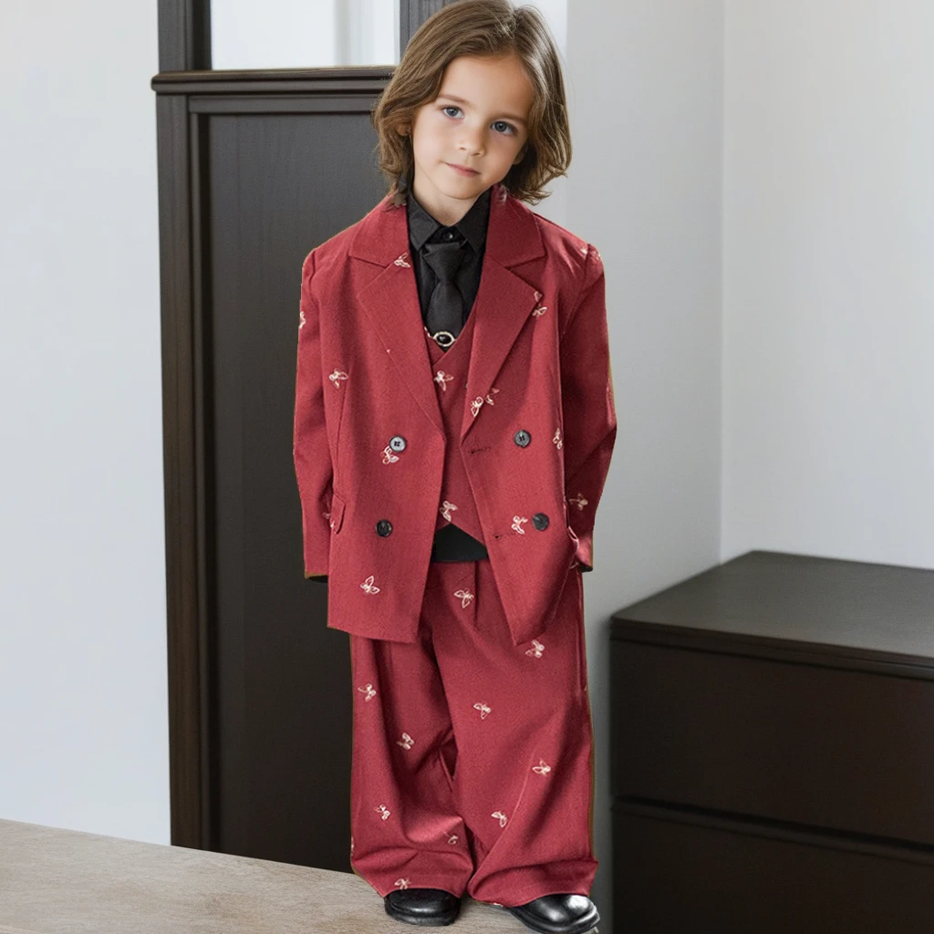 Children Suit Set Spring Fashion Embroidered Jacket Vest Pants 3pcs Boys Wedding Blazer Black Formal Girls Performance Outfits