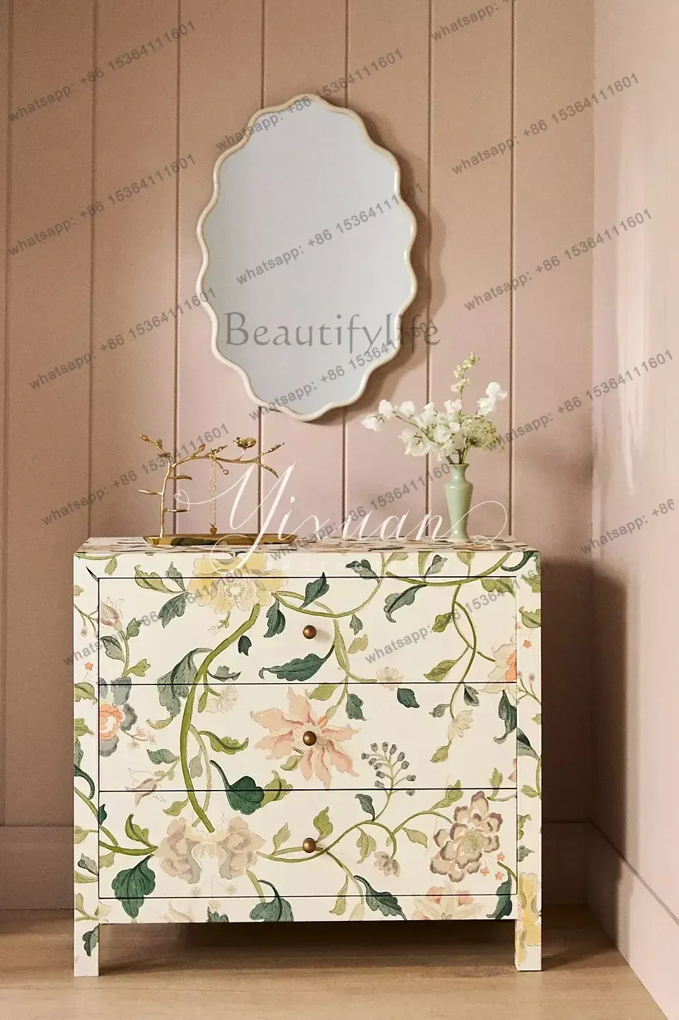 Retro Hand Painted Plants Flowers White Cream Three Bucket Cabinet Simple Furniture Customization