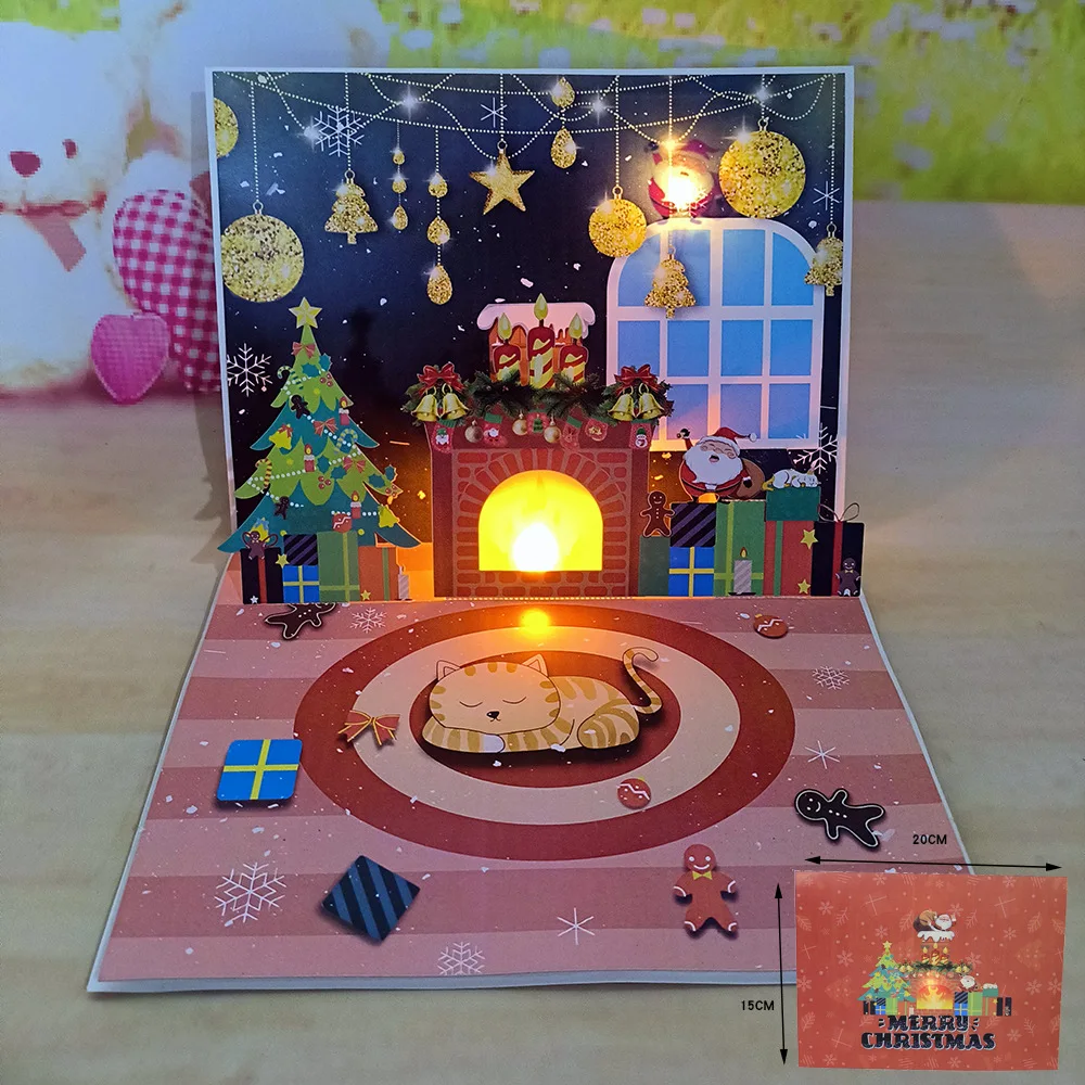 1PC Christmas Blessings Music Lights Projection Elderly Fireplace 3D Stereoscopic Greeting Card Paper Sculpture New Year Card