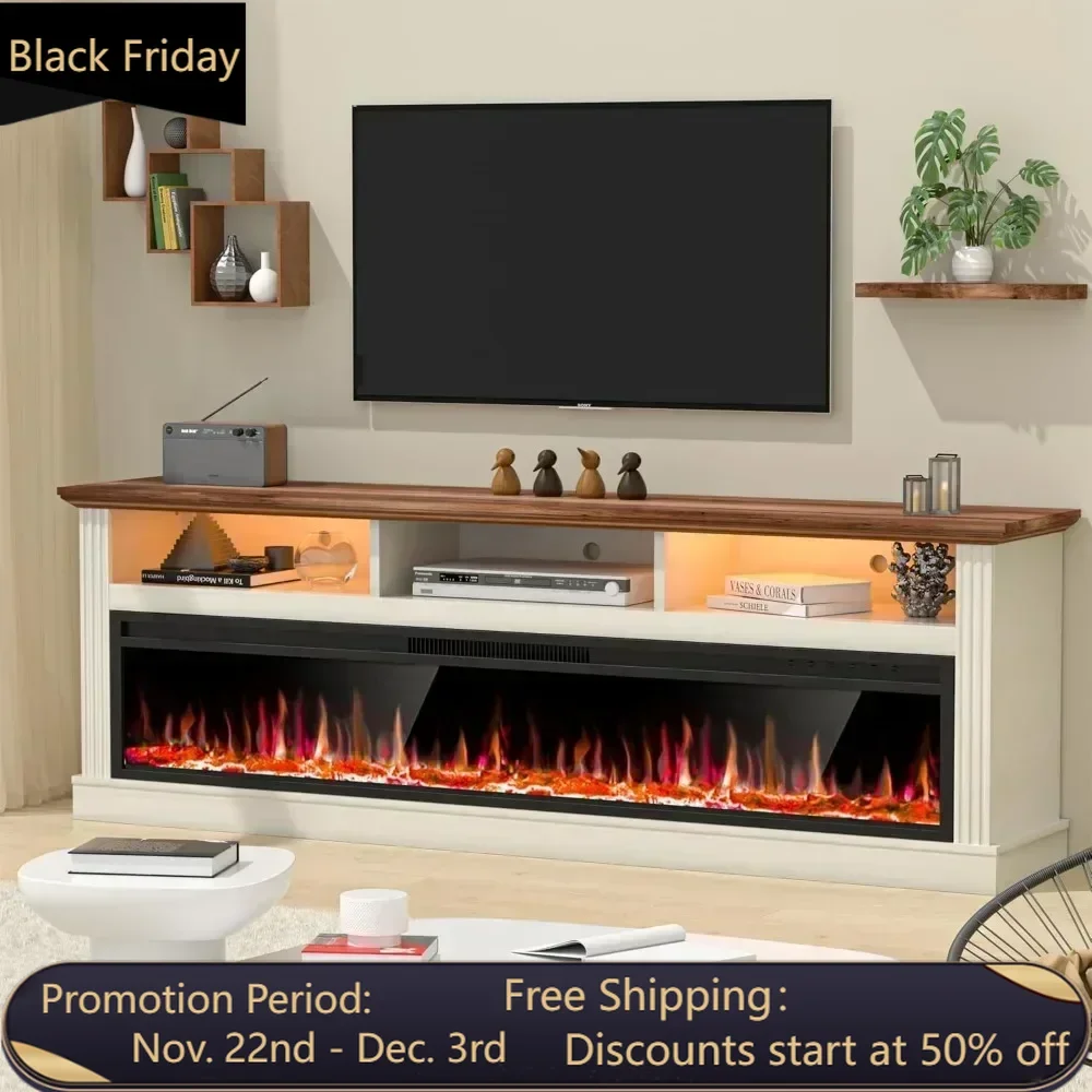 58 Inch Fireplace TV Cabinet with 52 Inch Electric Fireplace, Living Room LED Lights TV Cabinet