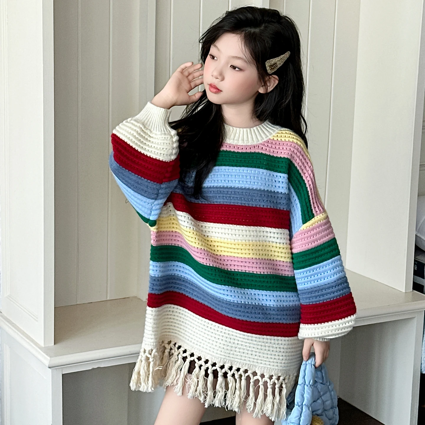 جديد الخريف الاطفال Y2K القوطية قوس قزح شريط سترة مع شرابة للمراهقات موضة الشارع البلوز كول الجوف خارج تريكو #4