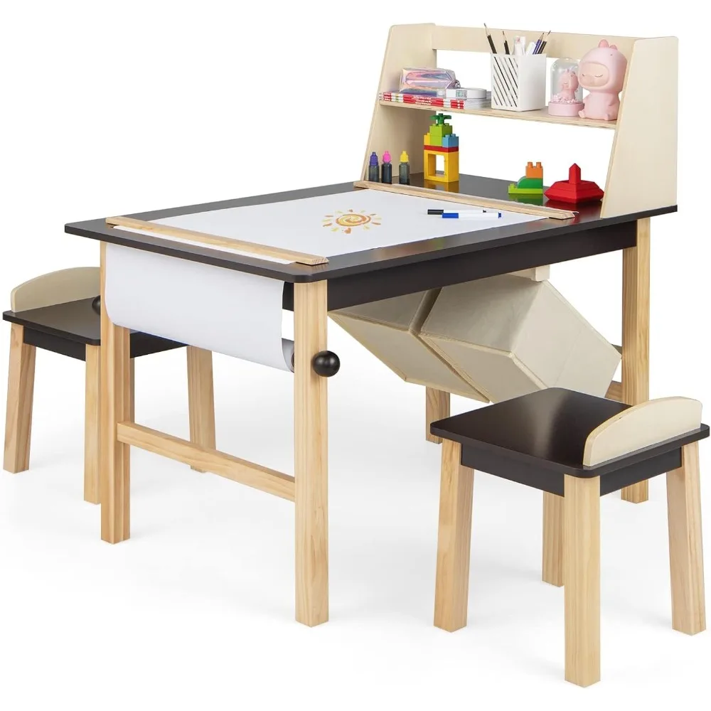 

Kids Art Table and Chair Set, Wooden Activity Table and 2 Stools w/a Paper Roll, 2 Markers, Toddler Table and Chairs (Brown)