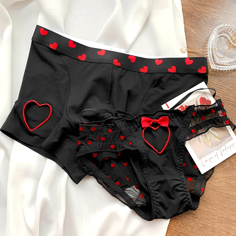 Sexy Heart Printed Couples Panties Low Waist Mesh Hollow Out Underwear Soft Breathable Boyfriend Girlfriend Valentine's Day Gift