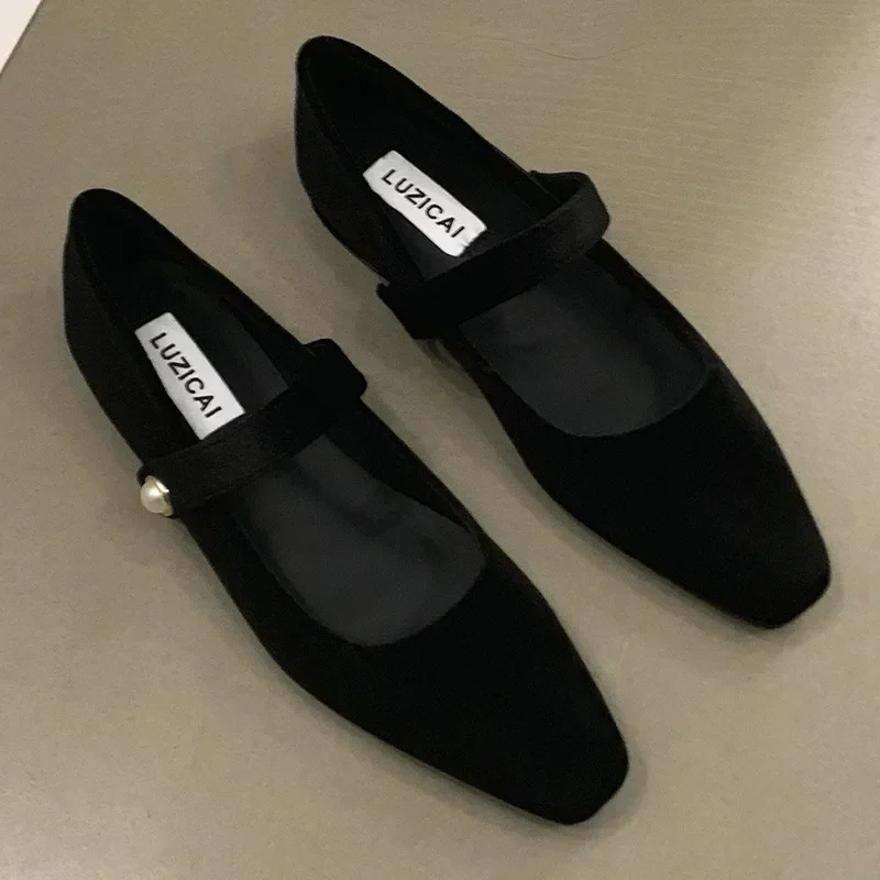 Suede Flats Loafers Women Marie Janes Spring Shoes 2024 Square Toe Ballet Dance Shoes Fashion Luxury Dress Zapatillas De Mujer