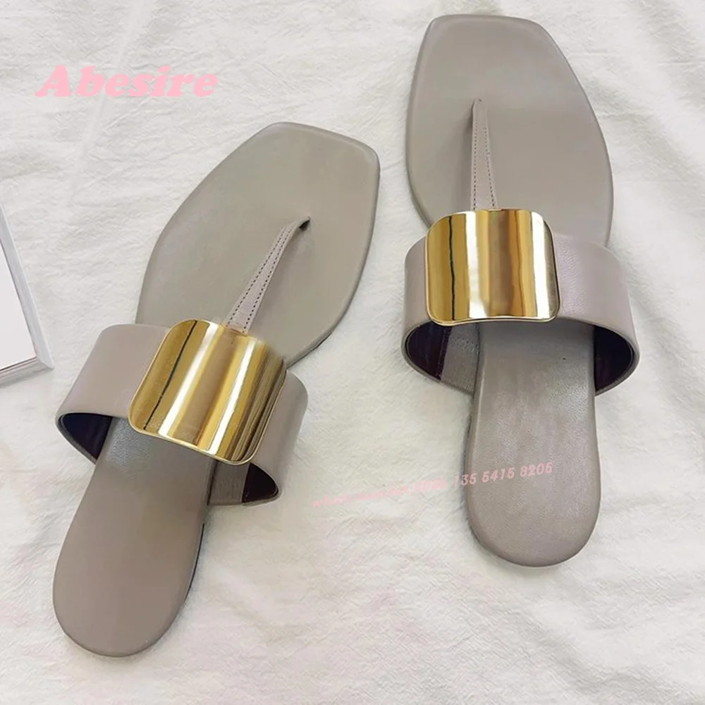 

Metal T-Strap Flip Flops Flat with Clip Toe Side Air Slip On Women's Slippers Summer 2024 New Beach Shoes Roman Grey White