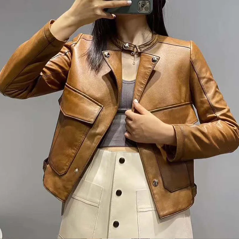 2023 Hot Sale  Autumn New Genuine Leather Women's Short Fit Sheepskin Motorcycle Coat