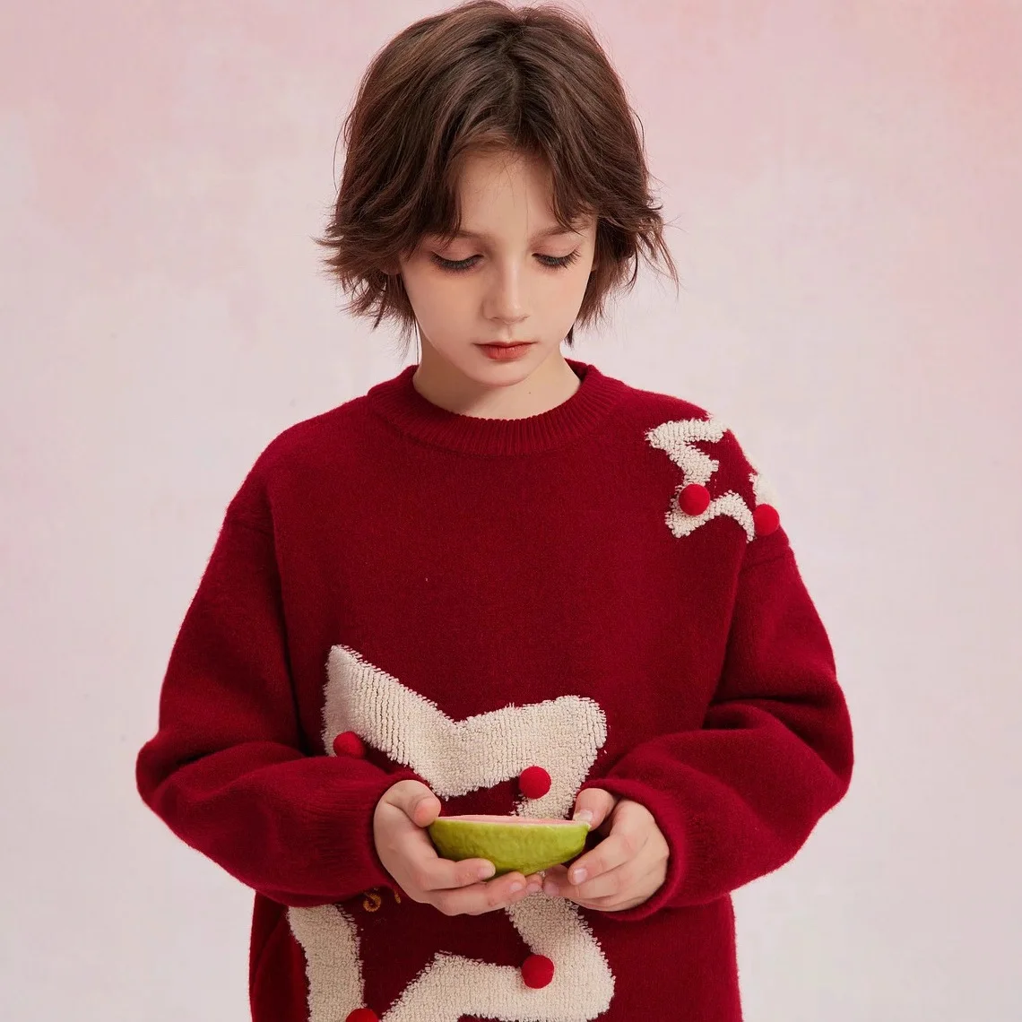 سترة الأخت والأخ لخريف وشتاء جديدة للأولاد والبنات، سترة محبوكة متعددة الاستخدامات لعيد الميلاد باللون الأحمر الخماسي