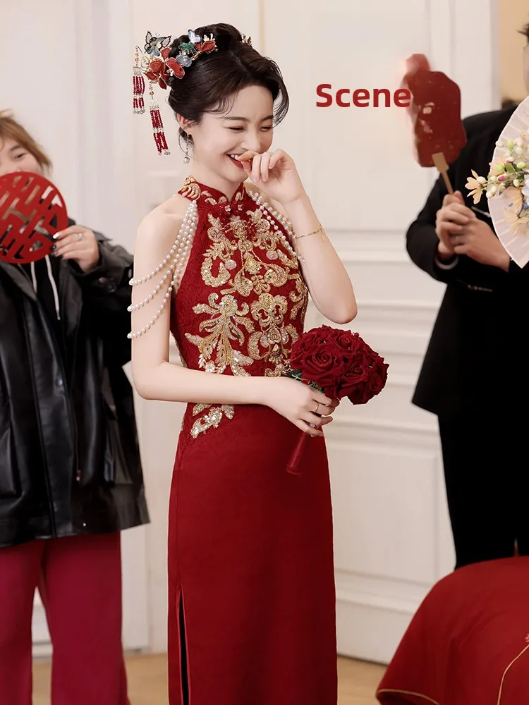 

Red Qipao Wedding Dr New Chinese Sle Engagement Ceremony Dr Women's Formal Wear Ne Hanging Long Evening Gown