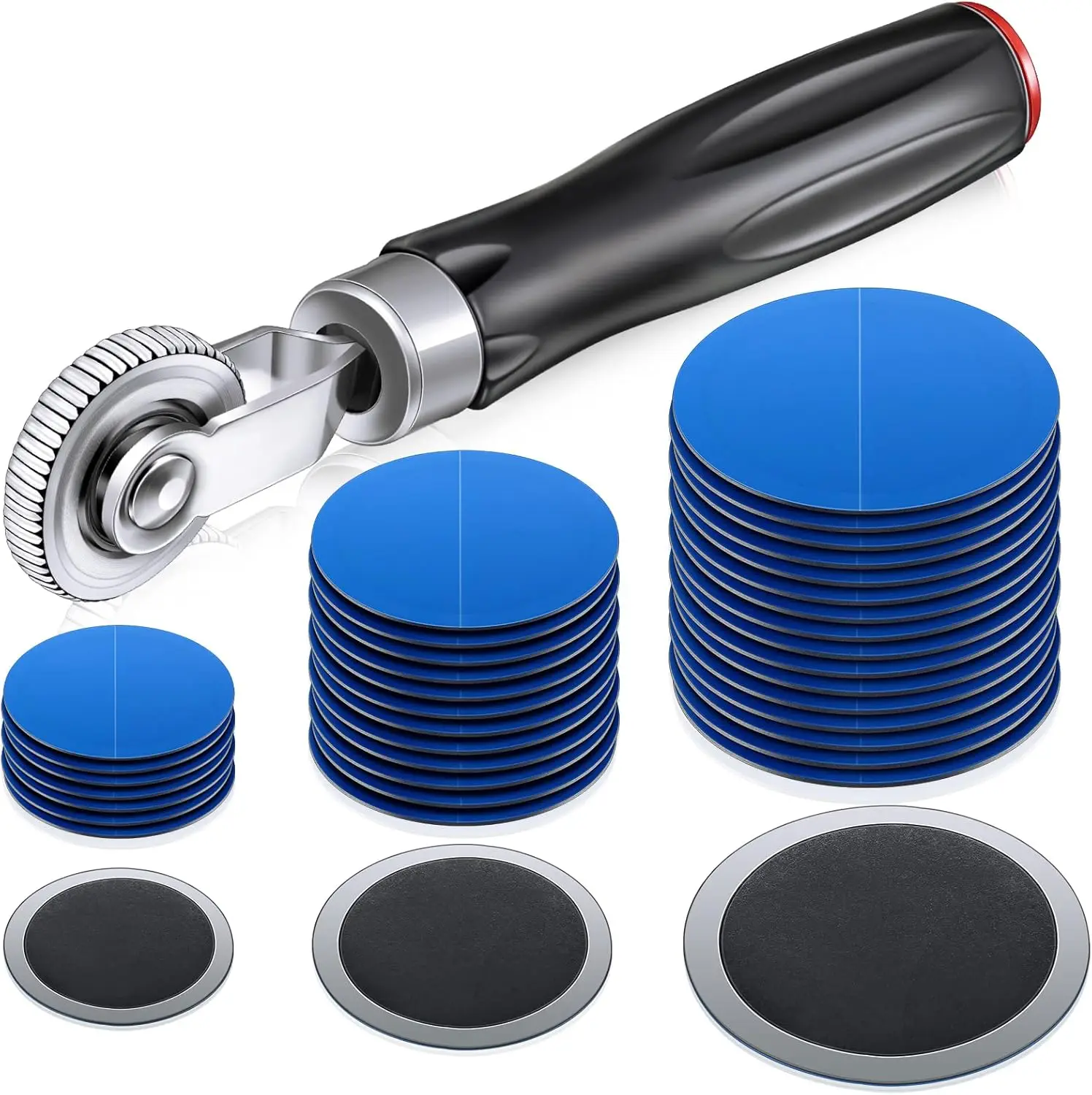 

60-Piece Tire Repair Kit with Patches, Roller & Stitcher Tool for Car, Truck, Motorcycle - 32mm, 42mm, 58mm Sizes