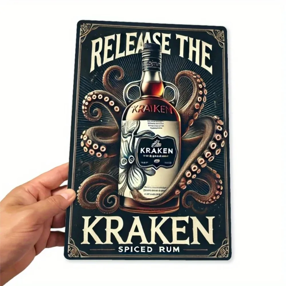 Vintage Kraken Spiced Rum Metal Sign 8x12 Inch – Nautical Wall Art with Octopus Design, Rustic Iron Tin Plaque for Home Bar Sign