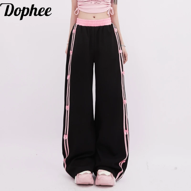 

Dophee Women Casual Long Trousers New Spring Summer Side Stripes Cute Bow Casual Sports Pants Spice Girls Elastic Waist Y2K