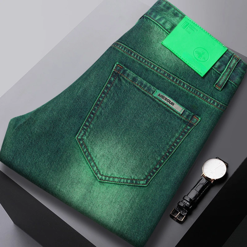 Green fashionable high-end jeans men's versatile light luxury trendy casual stretch soft slim-fitting small straight long pants