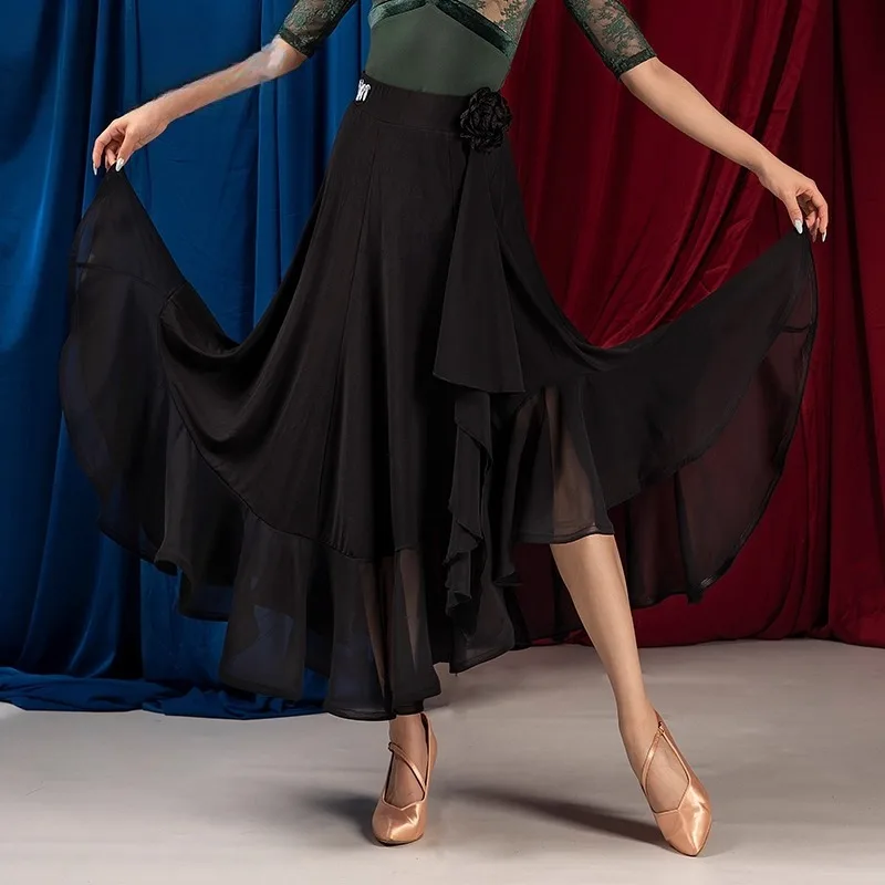 Юбка для латинских танцев Великобритании — женская юбка с воланами для бальных танцев с 3D-цветами по бокам и растяжками, элегантная стандартная танцевальная юбка на косточках
