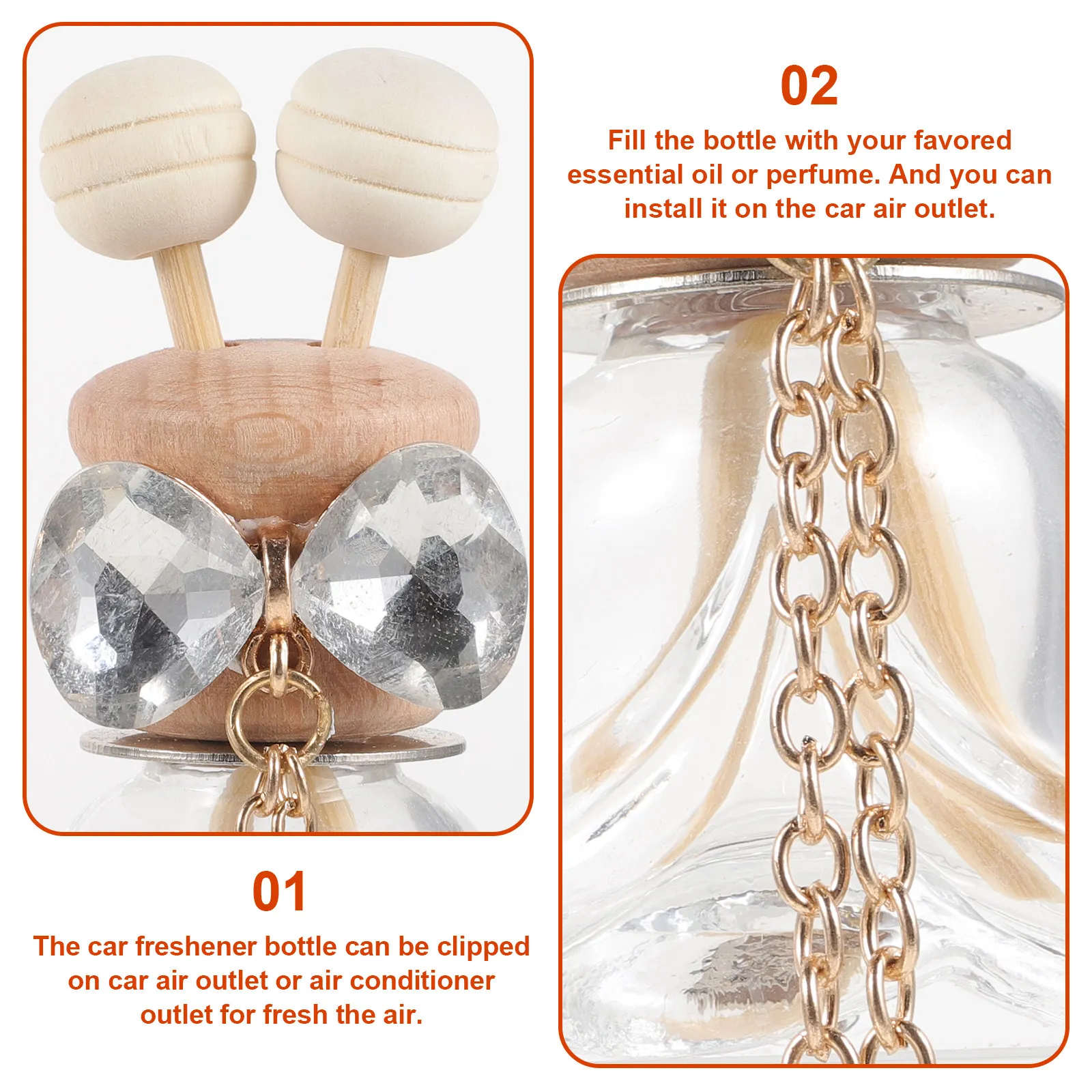 2Pcs Portable Car Perfume Bottle Glass Vial with Air Vent Clip Refillable Essential Oil Diffuser Car Air Freshener Accessories