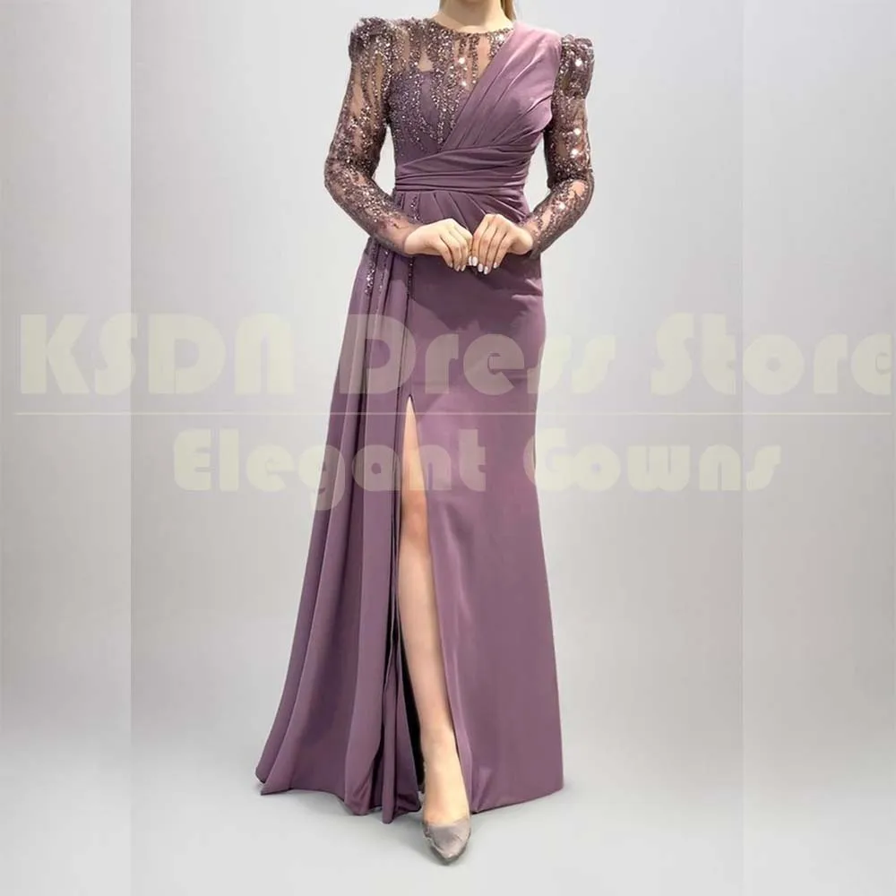 

Fashion Appliques Evening Dresses Chic Long Sleeve O-Neck Floor Length Gowns Split Pleat Formal Women Dress Vestidos 2025